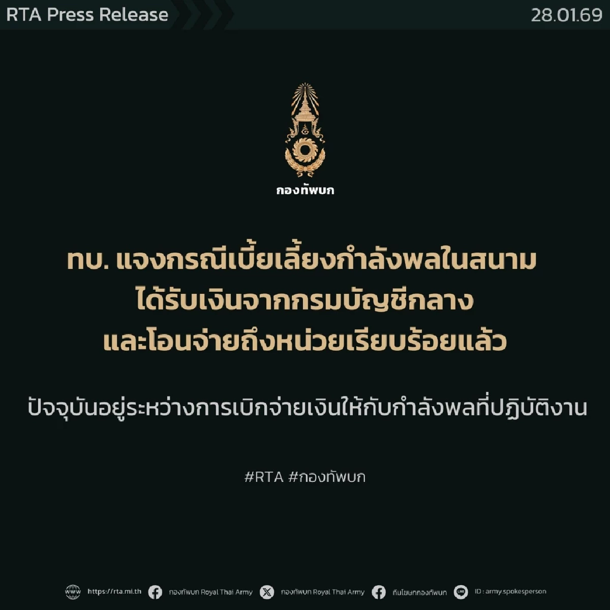 กองทัพบกชี้แจงเบี้ยเลี้ยงกำลังพลสนามชายแดน เร่งเบิกจ่าย