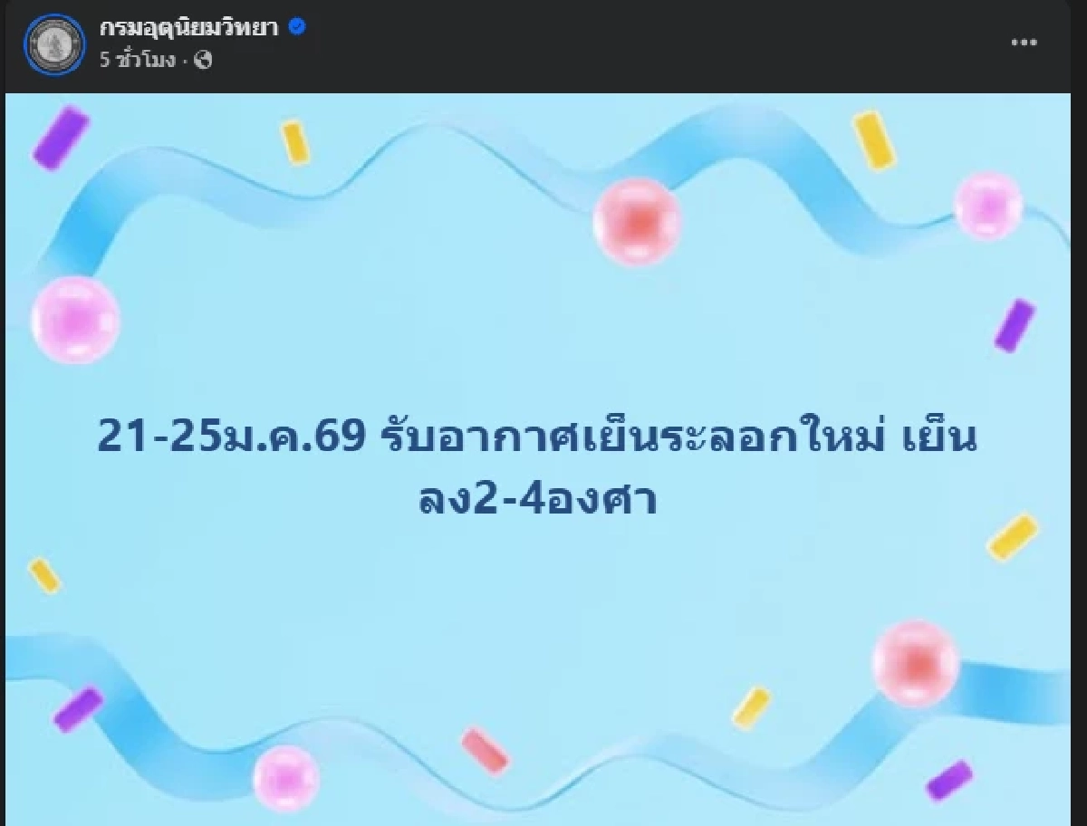 อุตุฯ ชี้สภาพอากาศแปรปรวน หนาวกลับมาอีกครั้ง อุณหภูมิลด 2–4 องศา