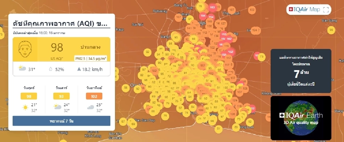 สภาพอากาศวันนี้ 2 เขต ค่าฝุ่นเกินมาตรฐาน ระดับสีแดง เช็กพื้นที่ควรระวัง