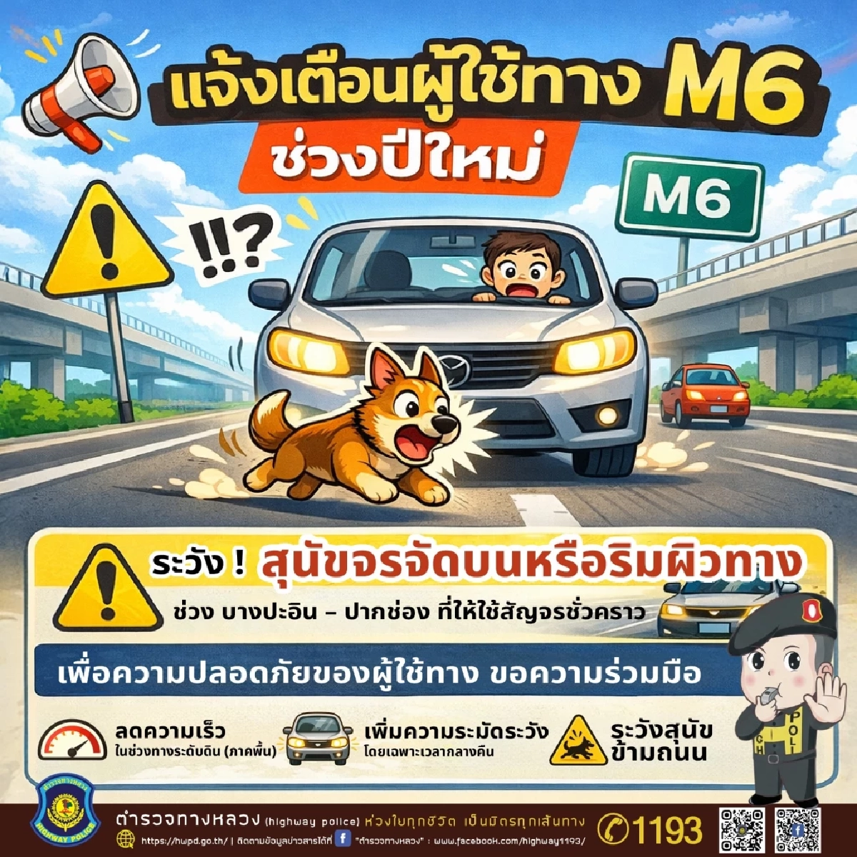 เตือนผู้ใช้ทาง M6 ระวังสุนัขจรจัด บางช่วงถนนยังเป็นทางระดับดิน