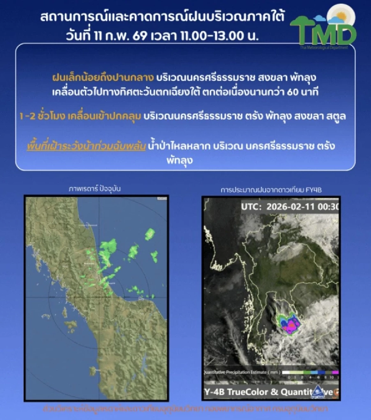 กรมอุตุฯ เตือนภาคใต้รับมือฝนตกต่อเนื่อง เสี่ยงน้ำท่วมฉับพลัน