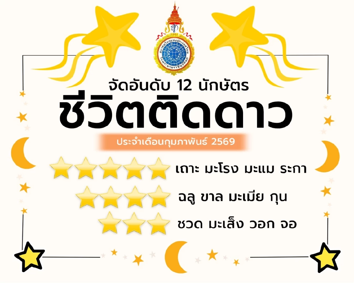 เปิดอันดับชีวิตติดดาว ชาว 12 นักษัตร เดือนก.พ.69 ปีไหนดวงดีที่สุด
