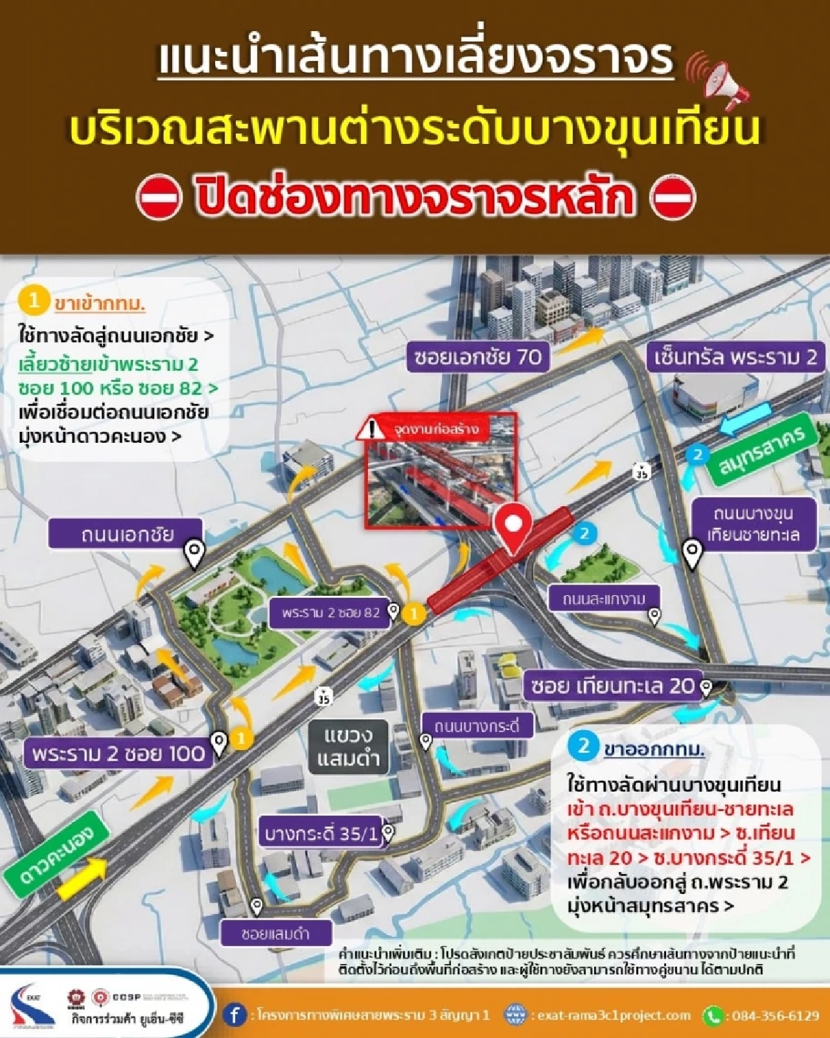 ปิดทางหลักพระราม 2 แยกบางขุนเทียน 24 ชม. ยาวถึงกลางปี