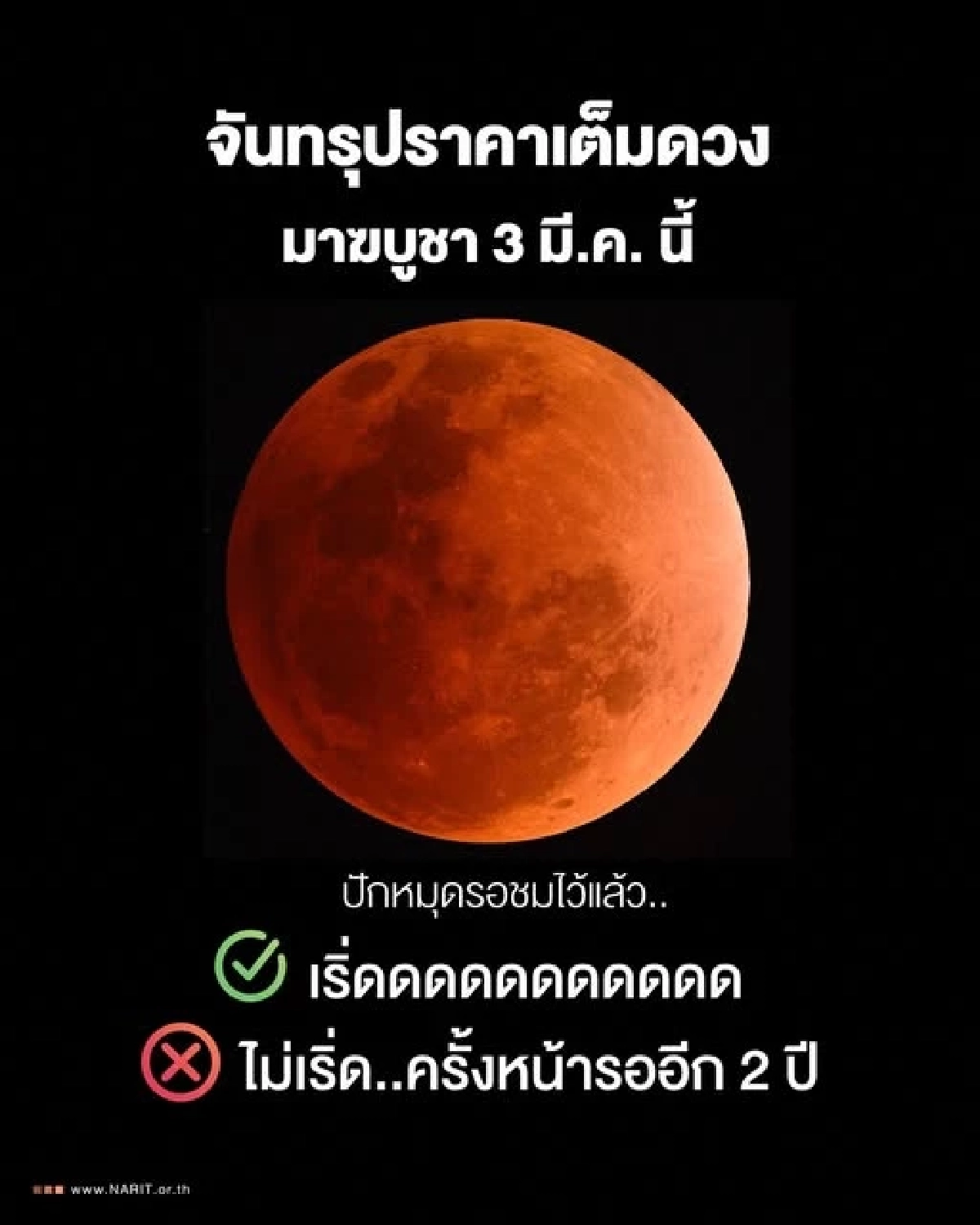 ห้ามพลาด! 3 มีนาคม 2569 ชม จันทรุปราคาเต็มดวง สีแดงอิฐทั่วฟ้าไทย