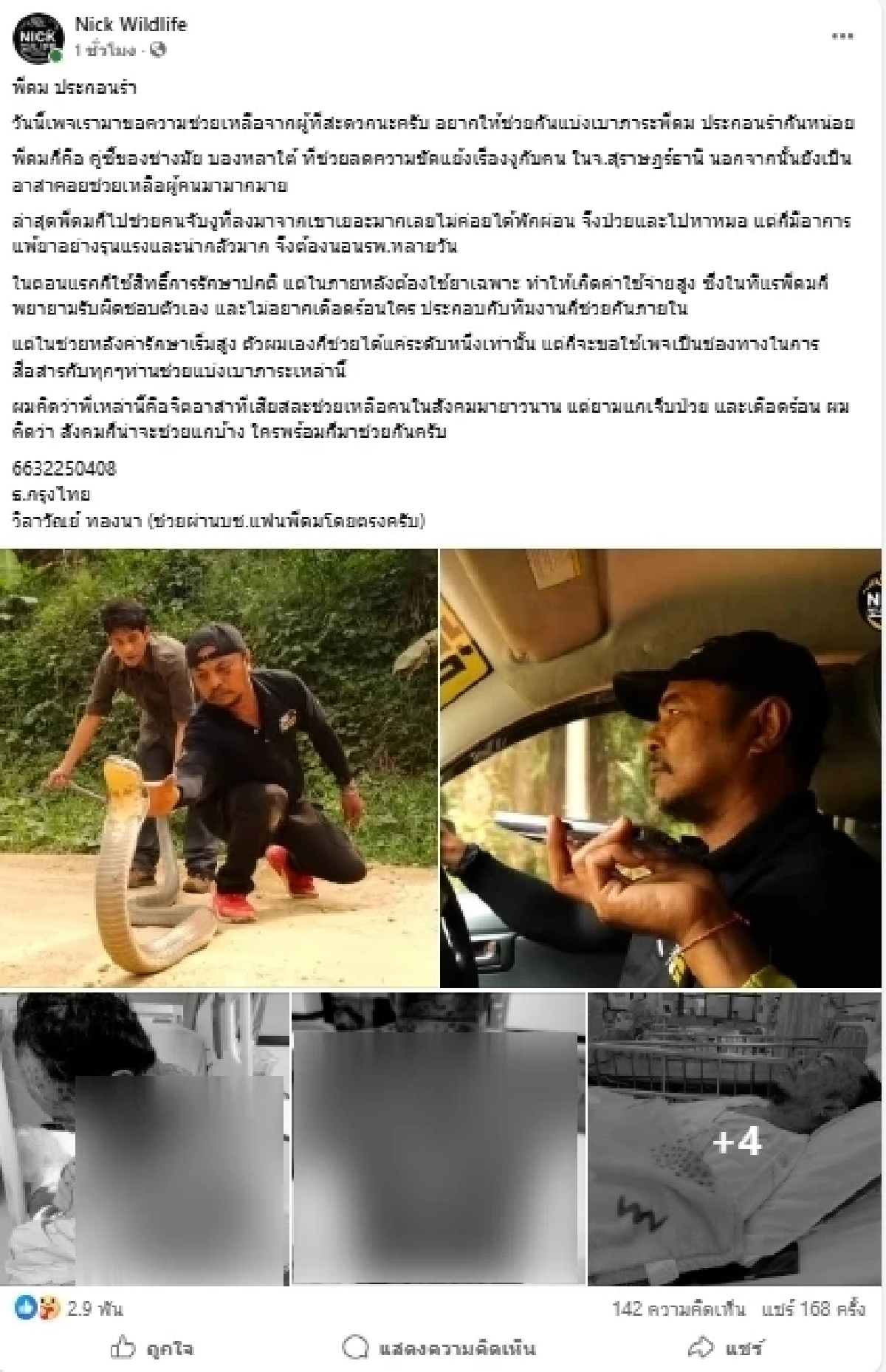 จิตอาสาจับงู ป่วยหนัก "นิค อสรพิษวิทยา" วอนช่วยหลังค่ารักษาพุ่ง