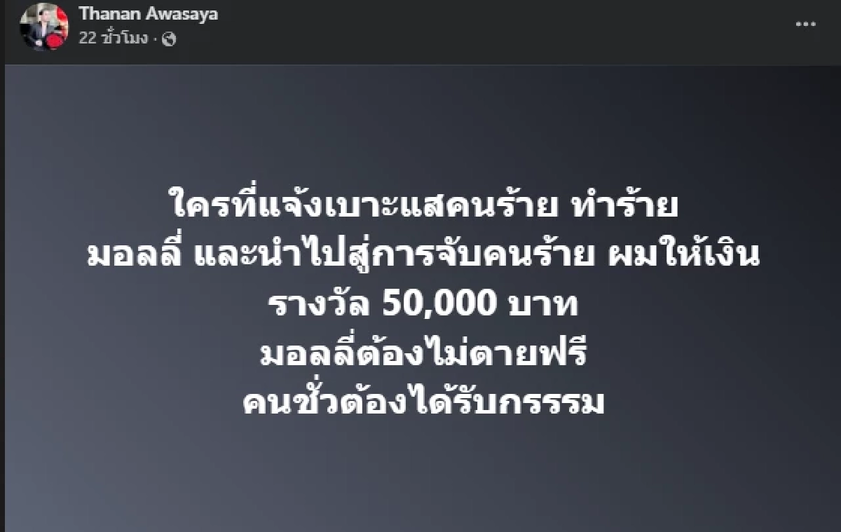 ยอดพุ่งค่าหัวคนร้าย ราดน้ำมัน "มอลลี่" ล่าสุดทะลุ 8 หมื่น