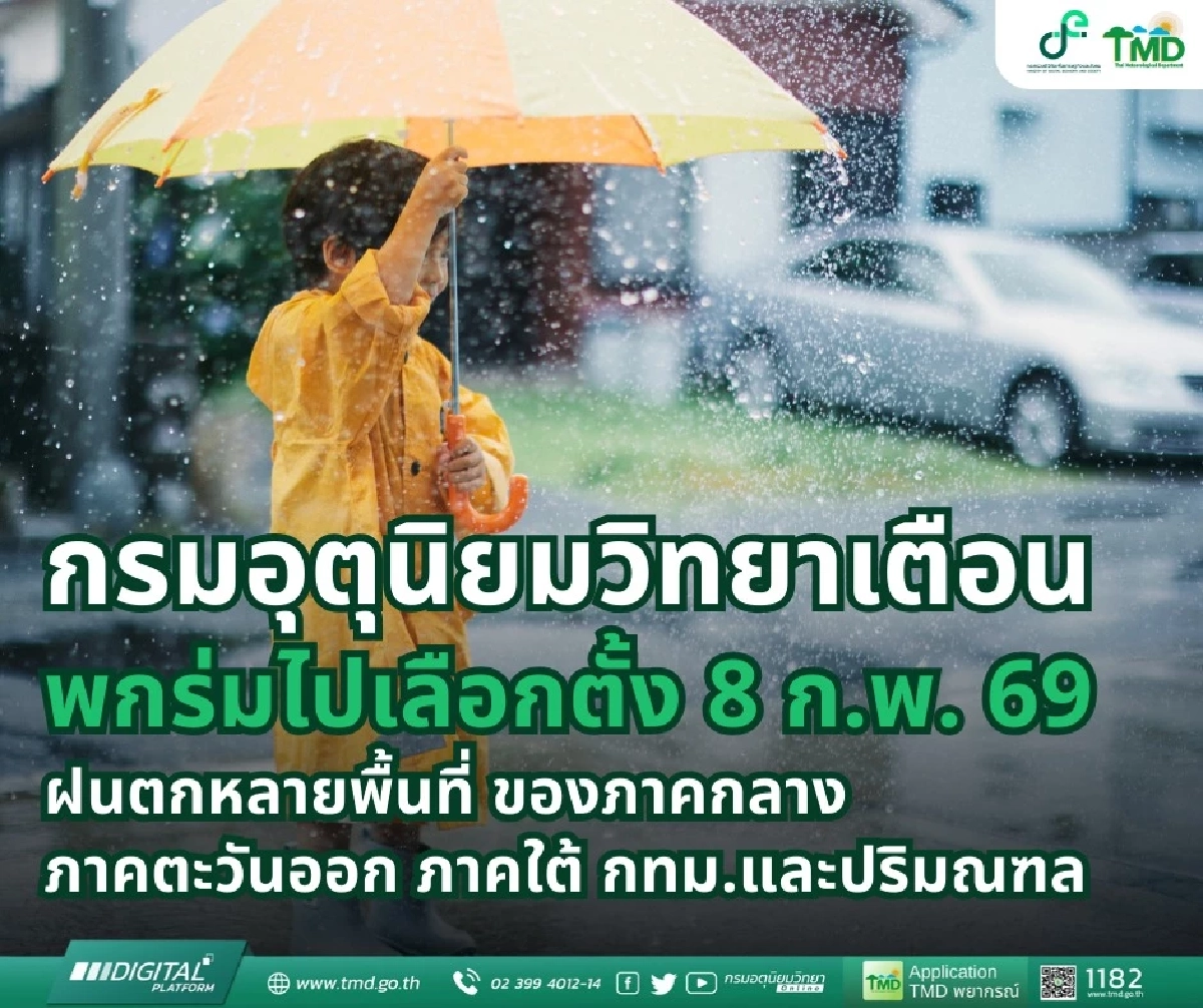 พกร่มด่วน กรมอุตุฯ เตือนเลือกตั้ง 8 ก.พ. ระวังฝนถล่ม