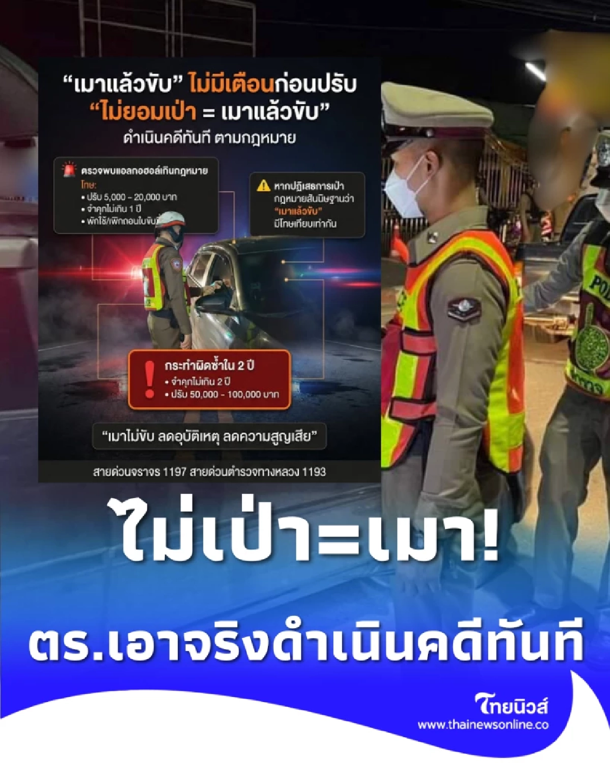 ย้ำชัด ไม่ยอมเป่า = เมาแล้วขับ ตร.สั่งดำเนินคดีทันที ไม่มีเตือนก่อนปรับ