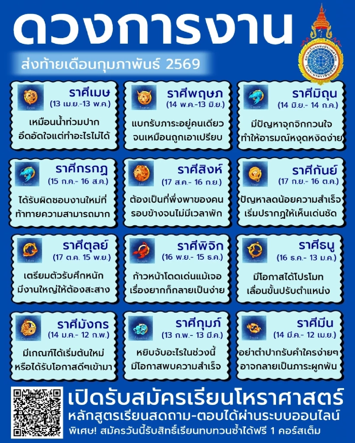 เปิดดวงการงาน 12 ราศี ส่งท้ายเดือน ก.พ. 69 พบบางราศีมีเรื่องต้องระวัง