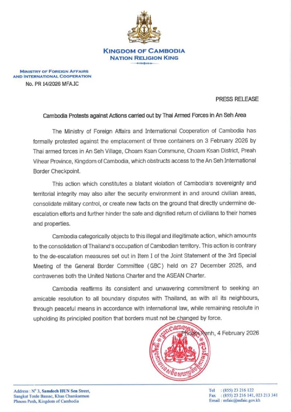 กัมพูชายื่นประท้วงไทย ปมทหารตั้งตู้คอนเทนเนอร์ในอันแซะ