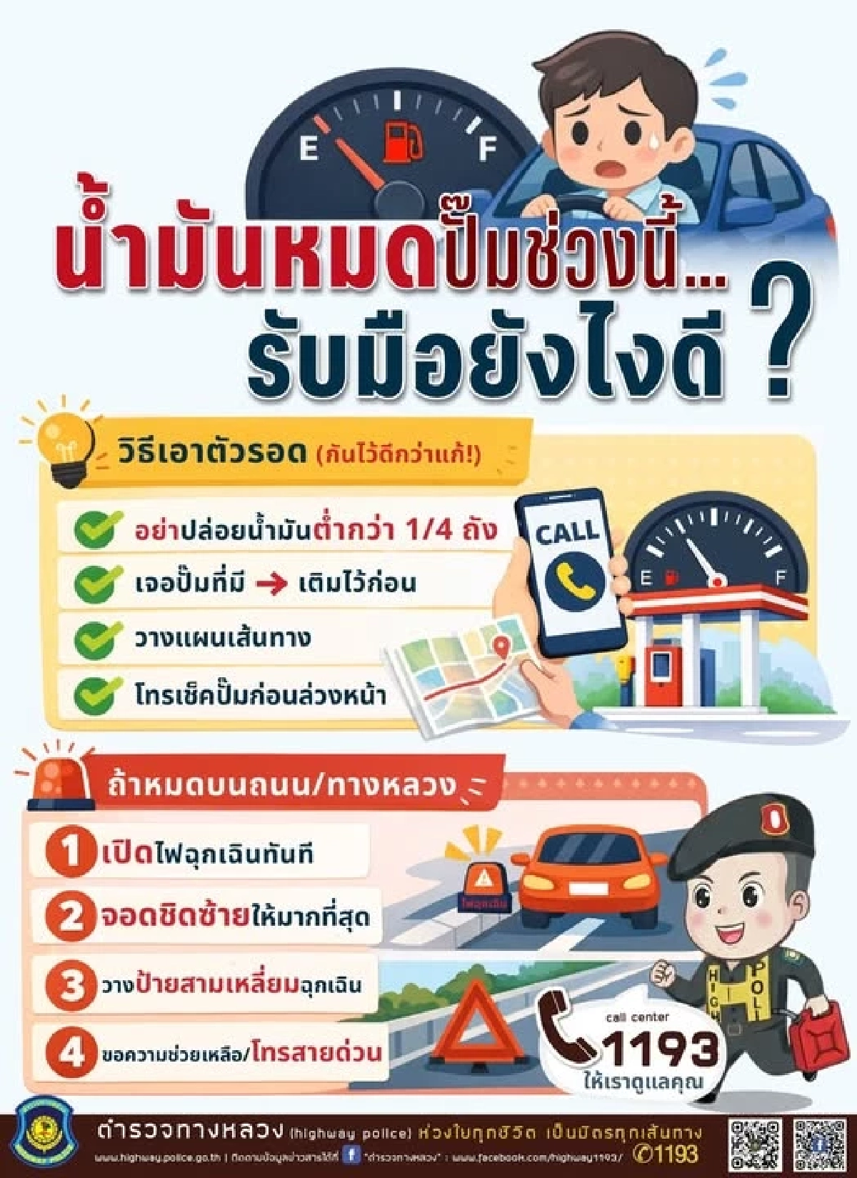ตร.ทางหลวงแนะ 5 วิธีเอาตัวรอด ถ้าน้ำมันหมดปั๊ม-ขาดแคลน