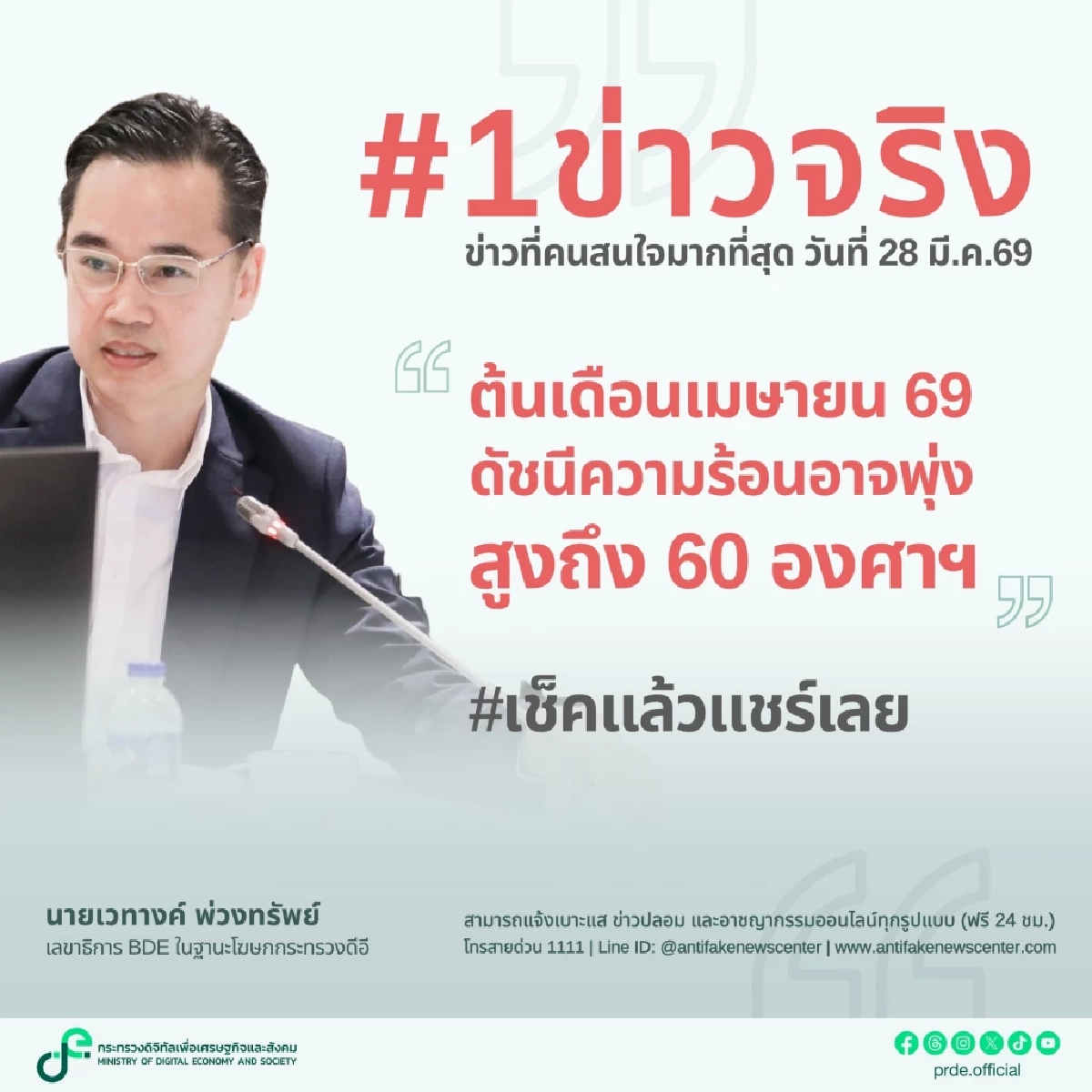 ดีอี ยันข่าวจริง! ต้นเม.ย. 69 ดัชนีความร้อนพุ่งสูงถึง 60 องศาฯ