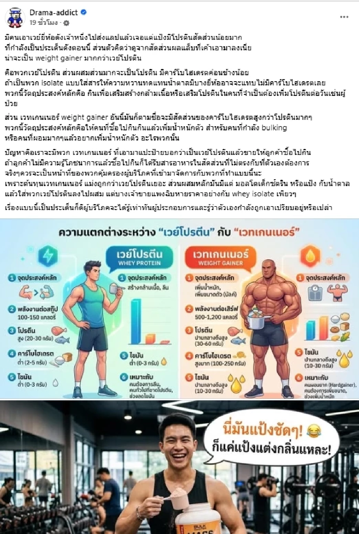 เพจดังชี้ เวย์ดังเข้าข่ายเวทเกนเนอร์ หลังตรวจเหลือโปรตีนแค่ 8%