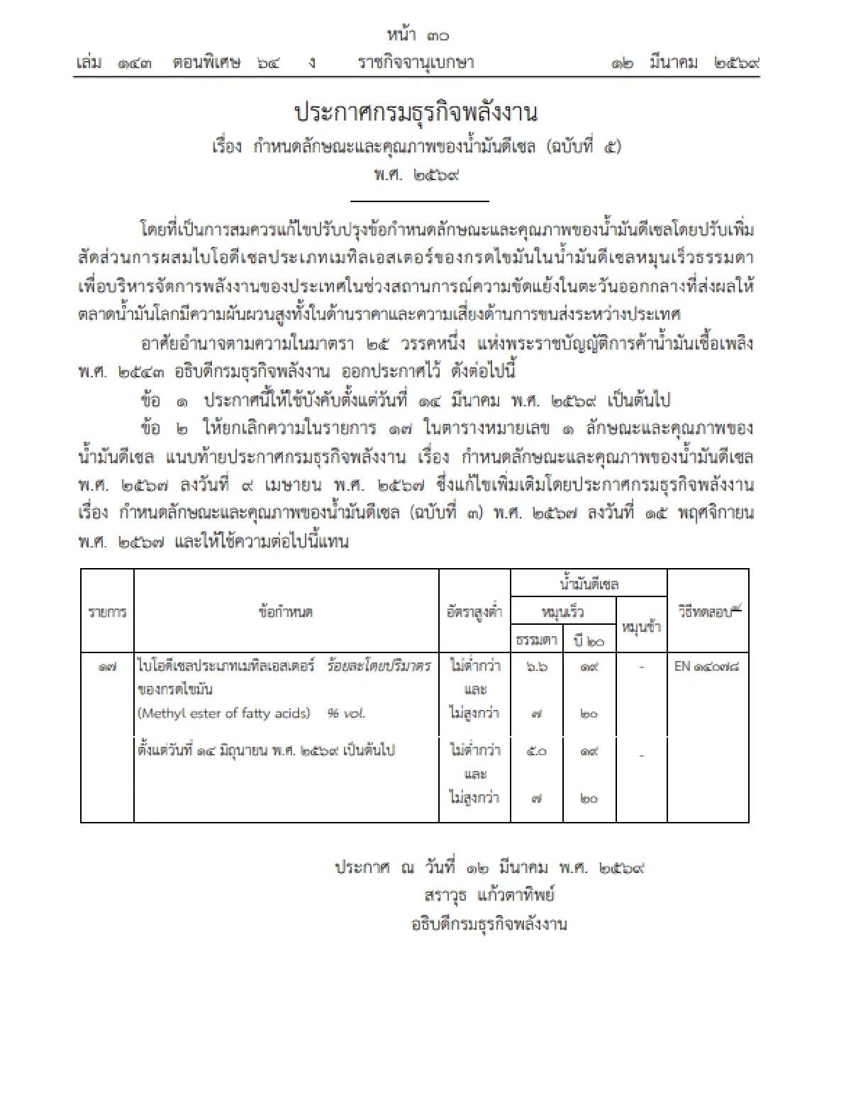 เพิ่มสัดส่วนผสมไบโอดีเซลในน้ำมันดีเซลหมุนเร็วธรรมดาจาก B5 เป็น B7