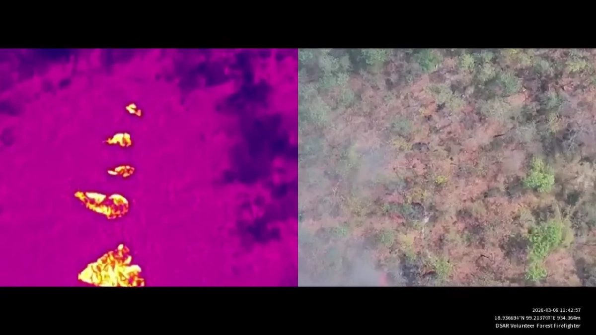 โดรนแฉภาพชายชุดดำลอบเผาป่าดอยสะเก็ด จนท.ระดมกำลังไล่ล่า