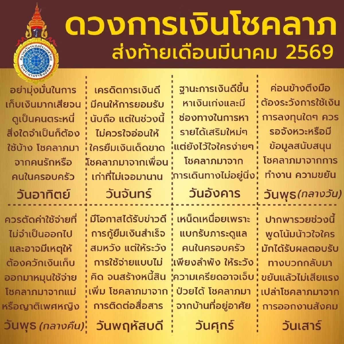 เปิดดวง 7 วันเกิด ดวงการเงินโชคลาภ ส่งท้ายเดือนมีนาคม 2569