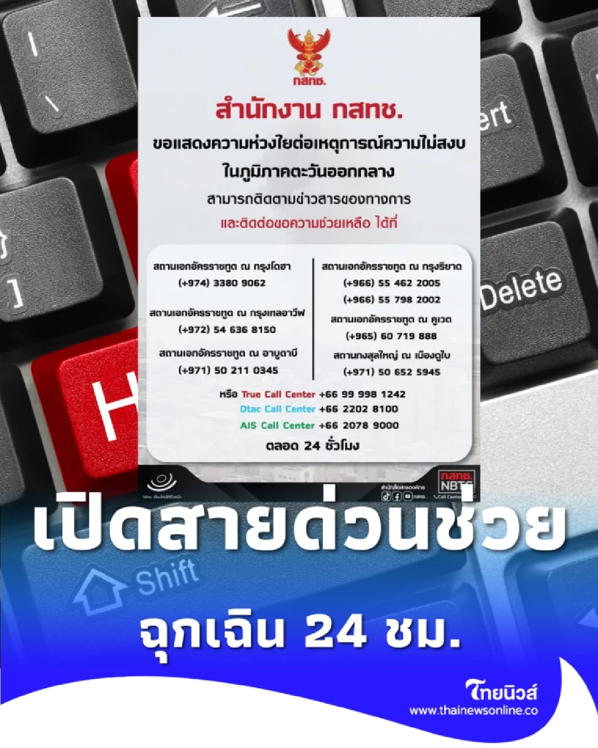 กสทช. ห่วงใยคนไทยในตะวันออกกลาง เปิดสายด่วนช่วยฉุกเฉิน 24 ชม.