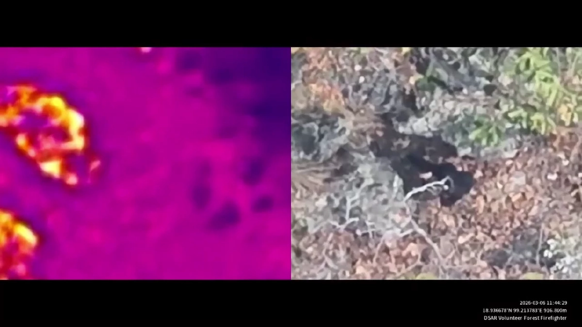 โดรนแฉภาพชายชุดดำลอบเผาป่าดอยสะเก็ด จนท.ระดมกำลังไล่ล่า