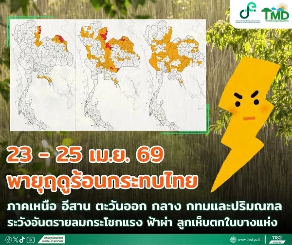 เตือนพายุฤดูร้อน 23-25 เม.ย. ระวังลมแรง-ลูกเห็บตก กทม.โดนด้วย