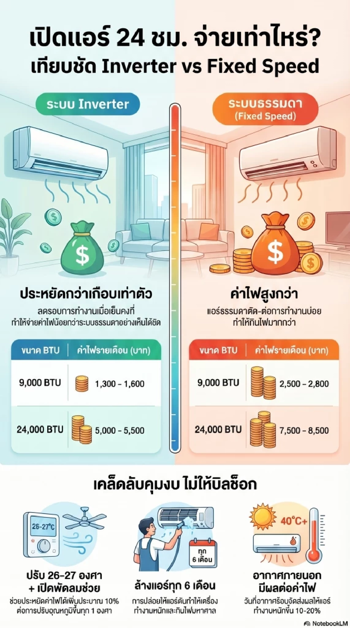 เปิดแอร์ 24 ชั่วโมง จ่ายจริงเท่าไหร่ ดูด่วนก่อนกระเป๋าฉีก