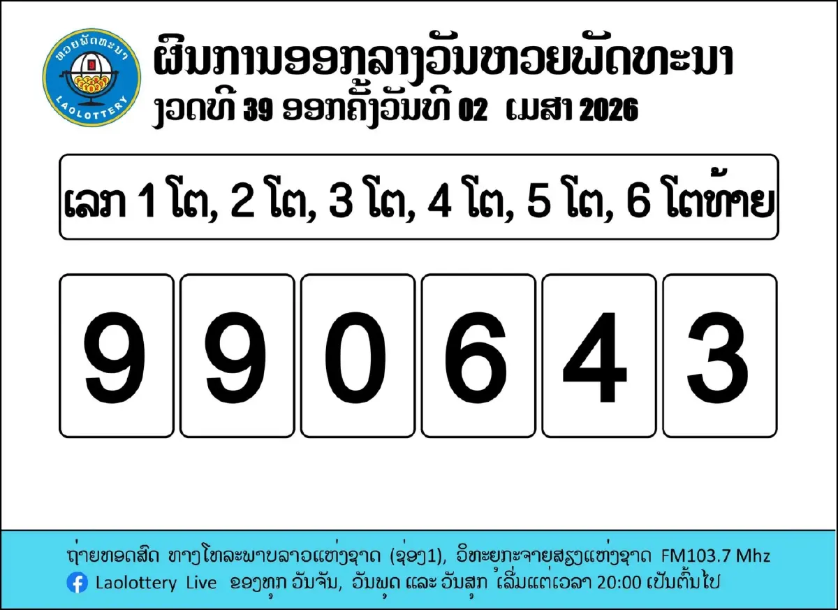 หวยลาววันนี้ 2 เม.ย. 69 ตรวจผลหวยลาวพัฒนางวดล่าสุด ผลหวยลาว