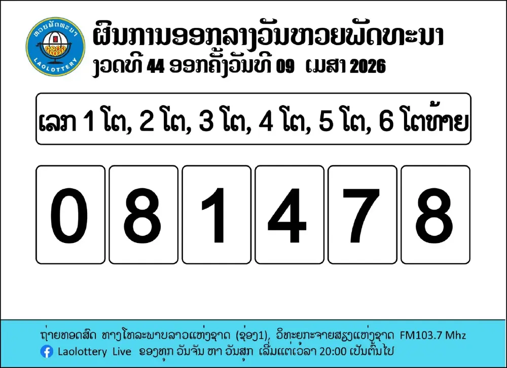 "หวยลาววันนี้" 9 เม.ย. 69 ตรวจผลหวยลาวพัฒนางวดล่าสุด ผลหวยลาว