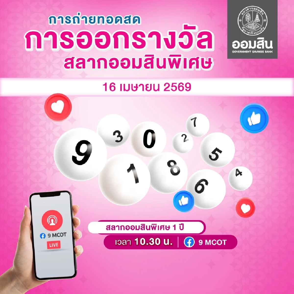 ผลหวยออมสิน 16เม.ย.69 ผลสลากออมสินพิเศษ 1ปี งวด 16/04/69