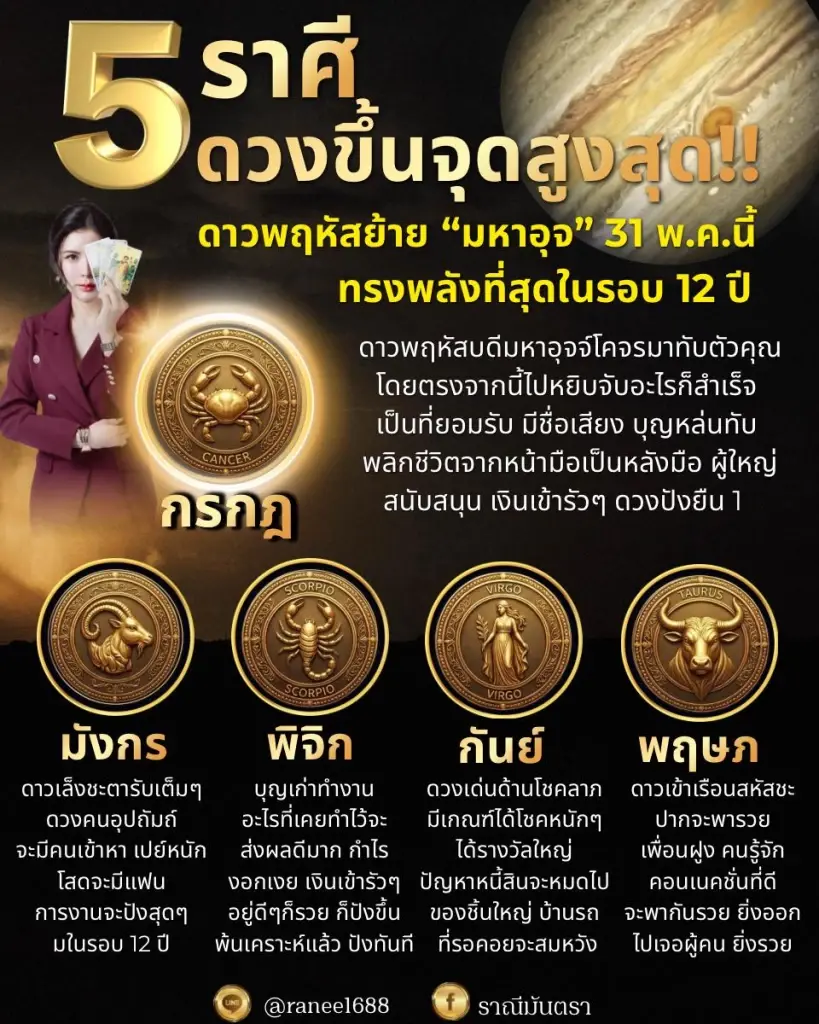5 ราศี ขึ้นแท่นลูกรักจักรวาล งานรุ่ง เงินพุ่ง สูงสุดในรอบ 12 ปี