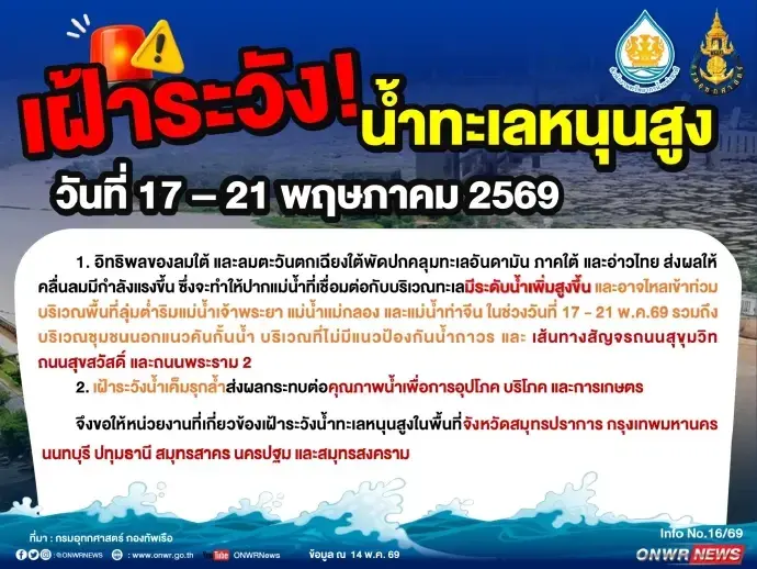 สทนช. เตือน 7 จังหวัดลุ่มน้ำระวังน้ำทะเลหนุนสูง 17-21 พ.ค. นี้