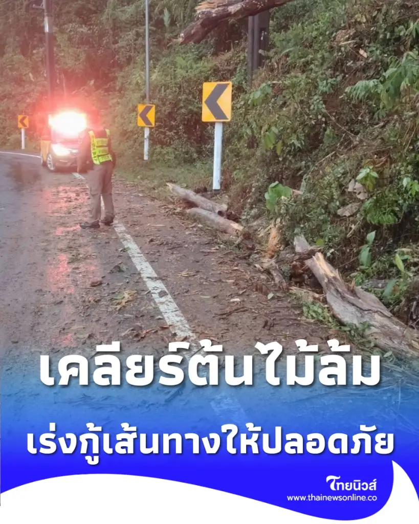 พายุผ่านแต่ห่วงไม่คลาย ตร.ทางหลวงลุยเคลียร์ต้นไม้ล้ม