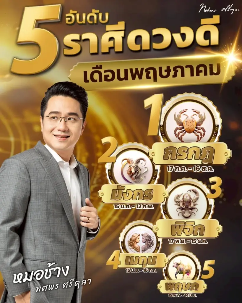 5 ราศี หมอช้าง ชี้ ดวงดีเดือนพฤษภาคม โชคลาภ การเงินโดดเด่น