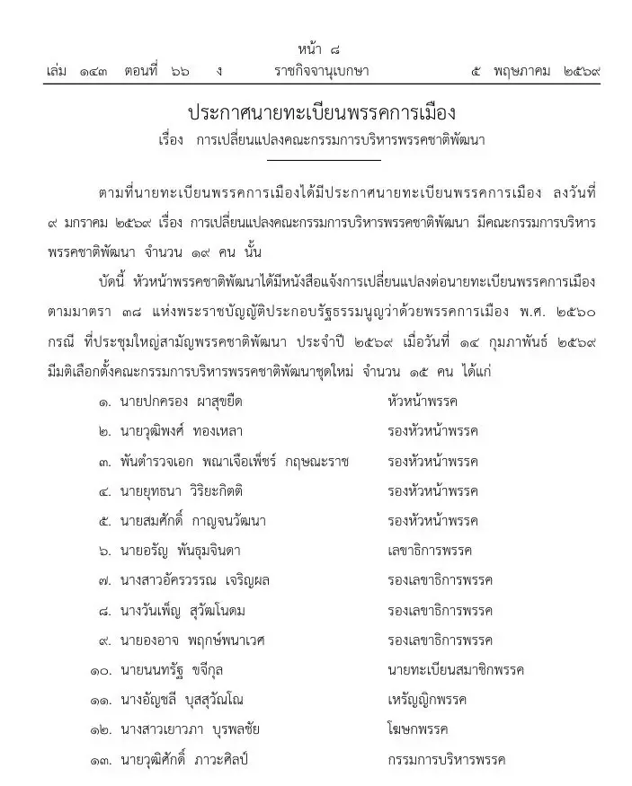ราชกิจจาฯ เปลี่ยนแปลงคณะกรรมการบริหารพรรคการเมืองดัง