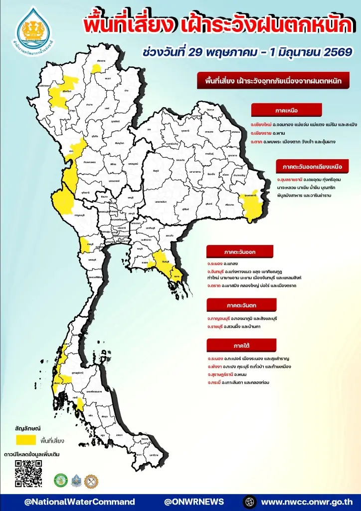 สทนช. เตือน 13 จังหวัด 45 อำเภอ เสี่ยงน้ำท่วมฉับพลัน 29 พ.ค. - 1 มิ.ย. 