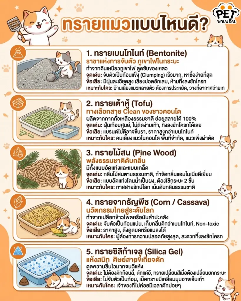 ทรายแมวแบบไหนดี? เจาะลึก 5 ประเภท เลือกให้ถูกใจคนและเหมียว