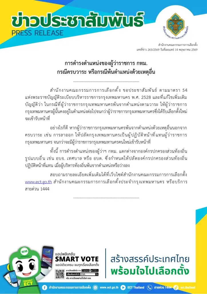 กกต. แจงชัด "ผู้ว่าฯกทม."ครบวาระ ต้องอยู่ต่อ จนกว่าจะได้คนใหม่