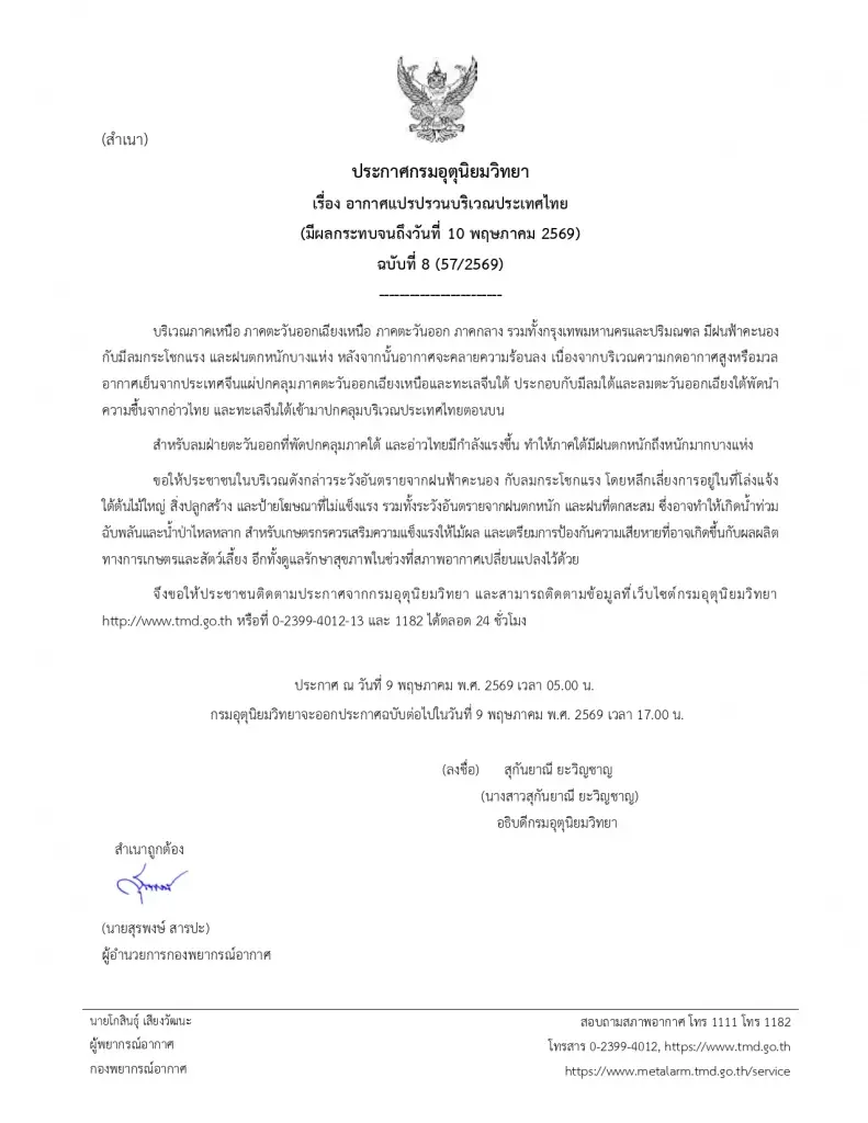 ประกาศ ฉ.8 รายชื่อจังหวัดพื้นที่สีแดง เสี่ยงฝนตกหนัก ลมกระโชกแรง
