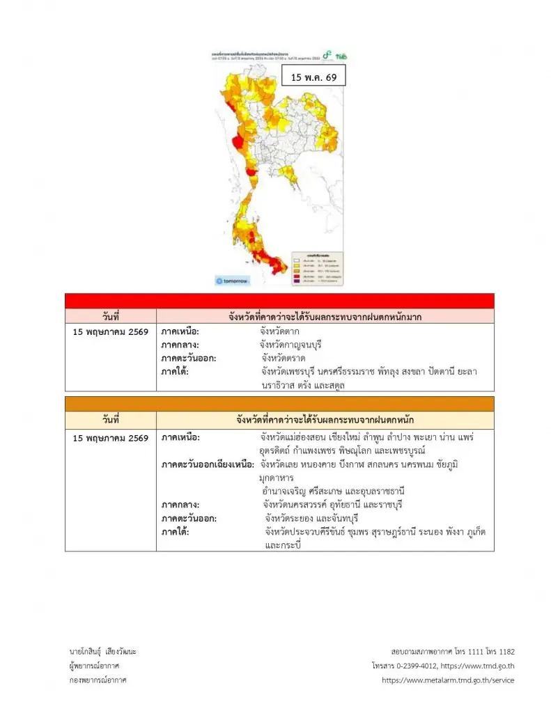 รายชื่อจังหวัดพื้นที่สีแดง เจอฝนตกหนักถึงหนักมาก 14–18 พ.ค. 69