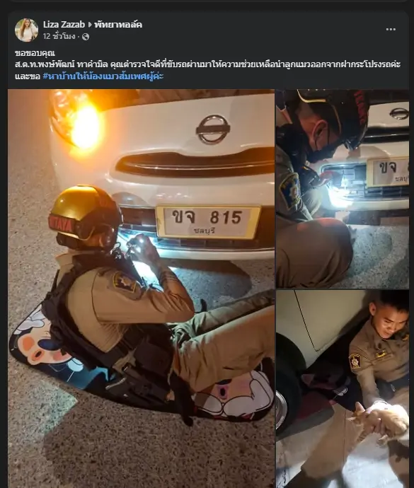 ตร.หนุ่ม เข้าช่วยเหลือลูกแมวติดใต้ท้องรถ ก่อนหลุดโฟกัสทะเบียน