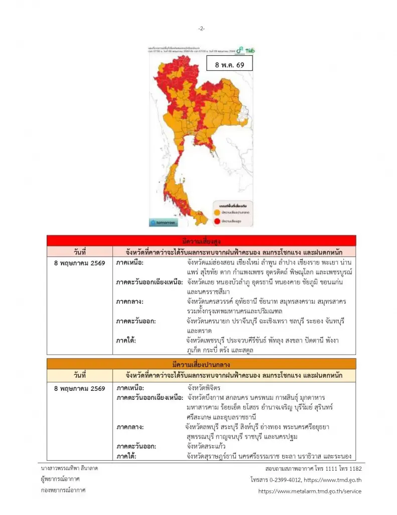 รายชื่อจังหวัดพื้นที่สีแดง อากาศแปรปรวน ฝนตกหนักถึง 10 พ.ค. 