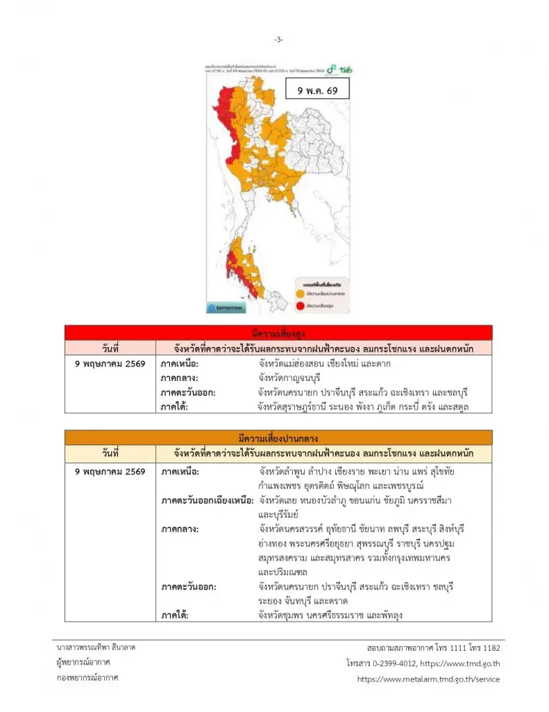 รายชื่อจังหวัดพื้นที่สีแดง อากาศแปรปรวน ฝนตกหนักถึง 10 พ.ค. 