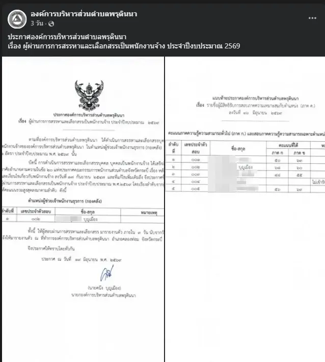 อบต.พรุดินนา เปิดคะแนน ผู้สอบได้ลำดับที่ 1 ตำแหน่งผู้ช่วยเจ้าพนักงานธุรการ