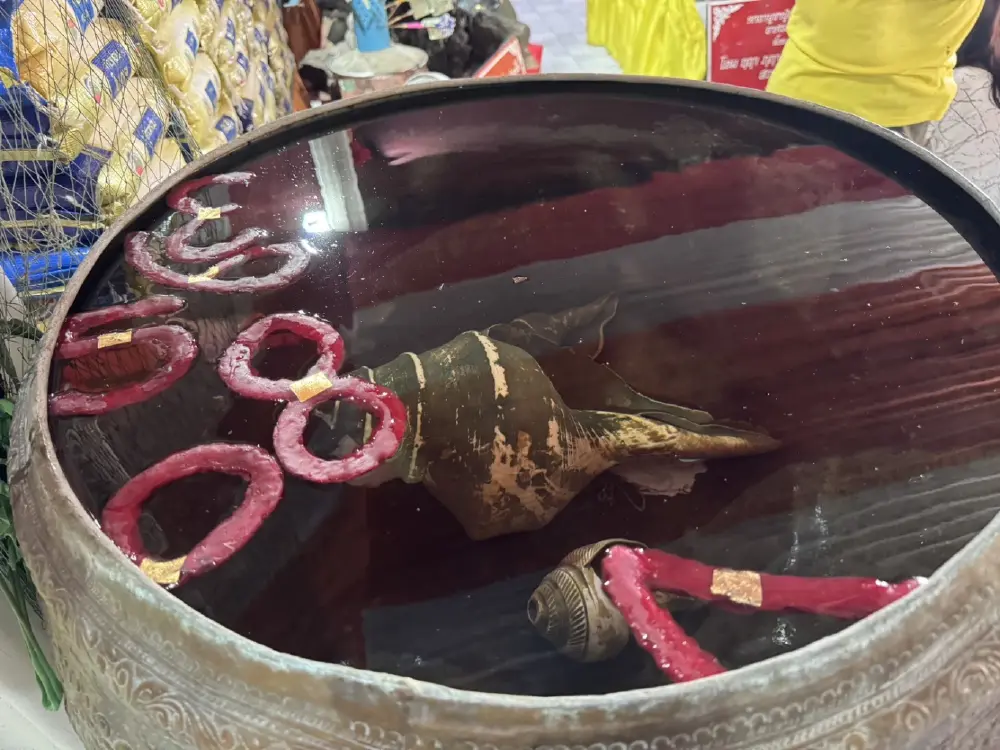 คอหวยไม่พลาด! แห่รุมส่องเลขในอ่างน้ำมนต์บนศาลาบุญช่วย