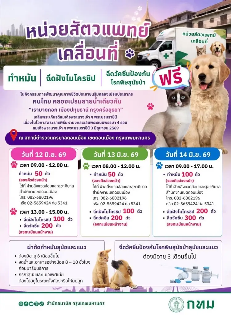 กทม. เปิดหน่วยสัตวแพทย์เคลื่อนที่ ทำหมัน ฝังไมโครชิป ฟรี 12-14 มิ.ย. 69