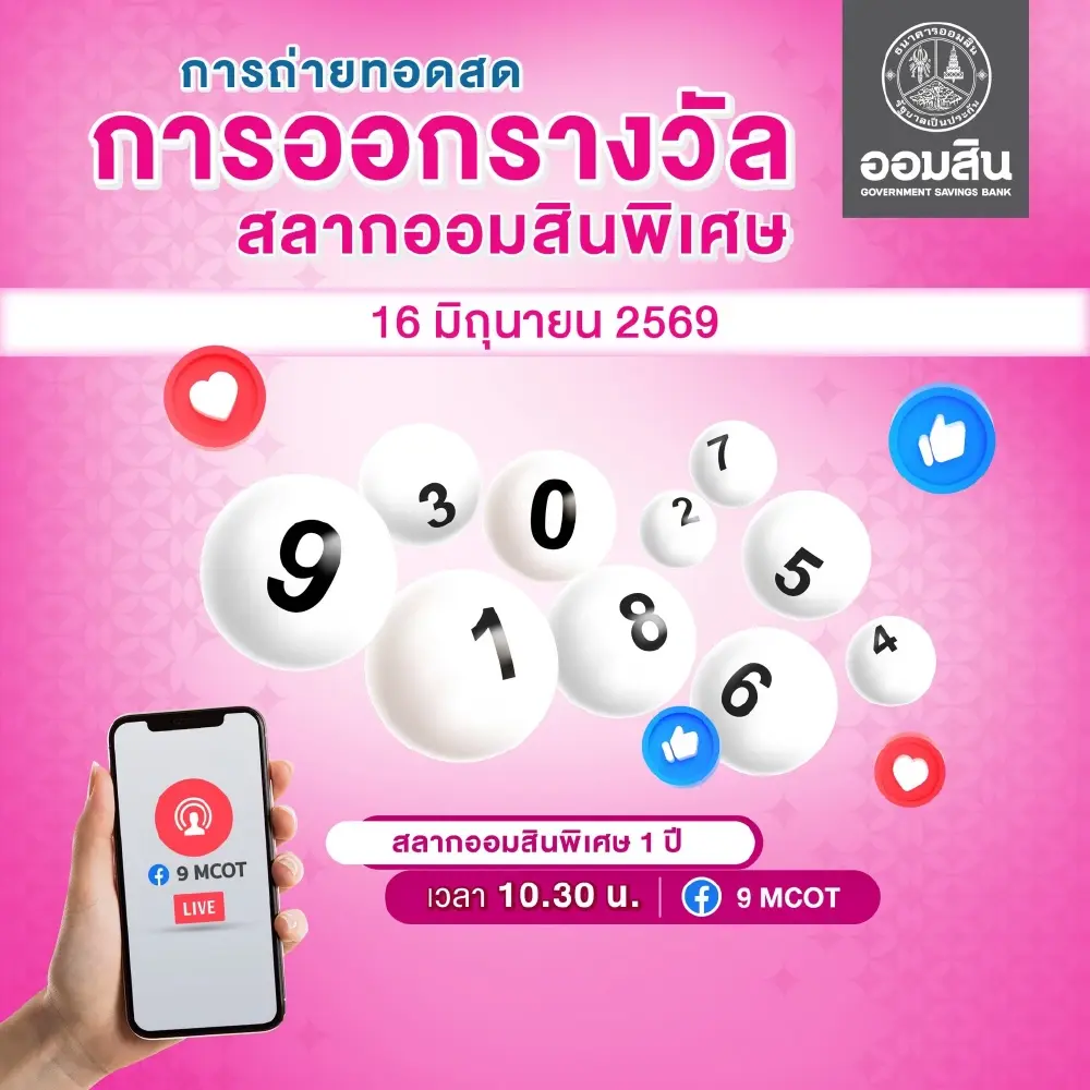 ผลหวยออมสิน 16 มิ.ย. 69 ผลสลากออมสินพิเศษ 1ปี งวด 16/06/69