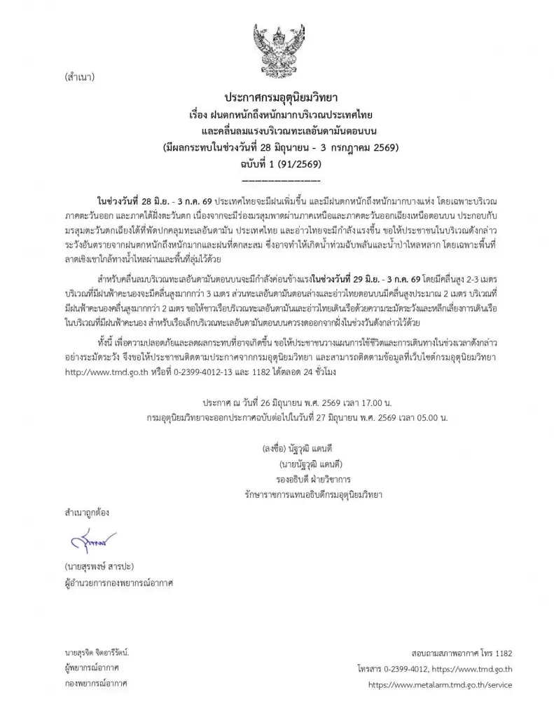 เตือนด่วน! ฉบับที่ 1 28 มิ.ย.-3 ก.ค.รับมือฝนถล่มหนัก น้ำท่วมฉับพลัน