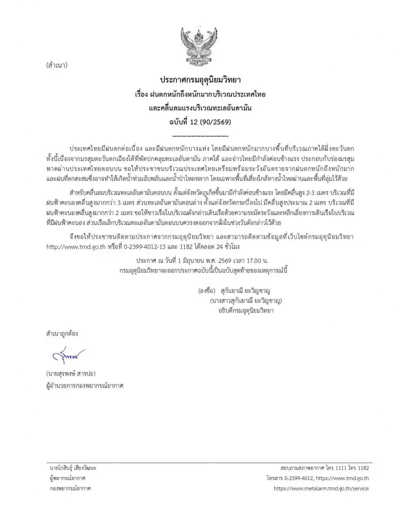 อุตุฯเตือน ฉบับที่ 12 ฝนตกหนักถึงหนักมากและคลื่นลมแรง