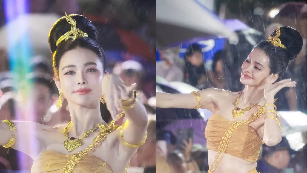 ใจนักสู้ "อิงฟ้า วราหะ" นำรำบวงสรวง เจอฝนถล่มไม่ยอมถอย