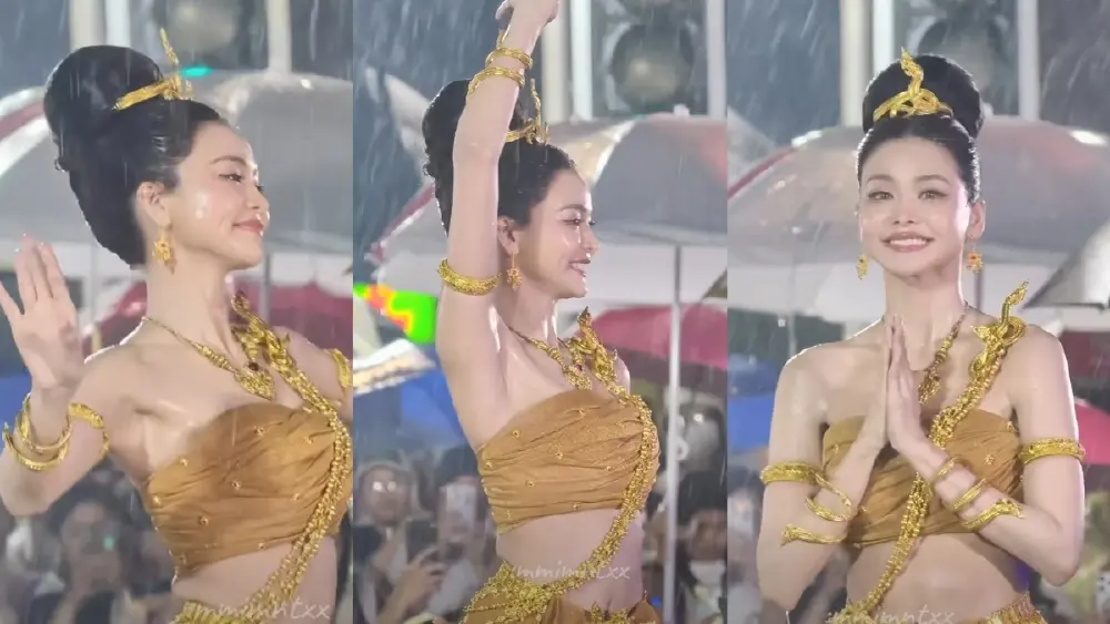ใจนักสู้ "อิงฟ้า วราหะ" นำรำบวงสรวง เจอฝนถล่มไม่ยอมถอย