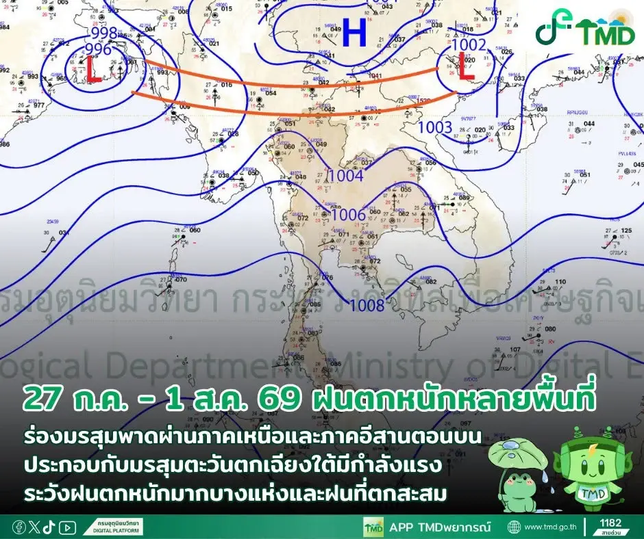 กรมอุตุฯเตือน 27 ก.ค. - 1 ส.ค. 69 ทั่วไทยรับมือฝนตกหนักหลายพื้นที่