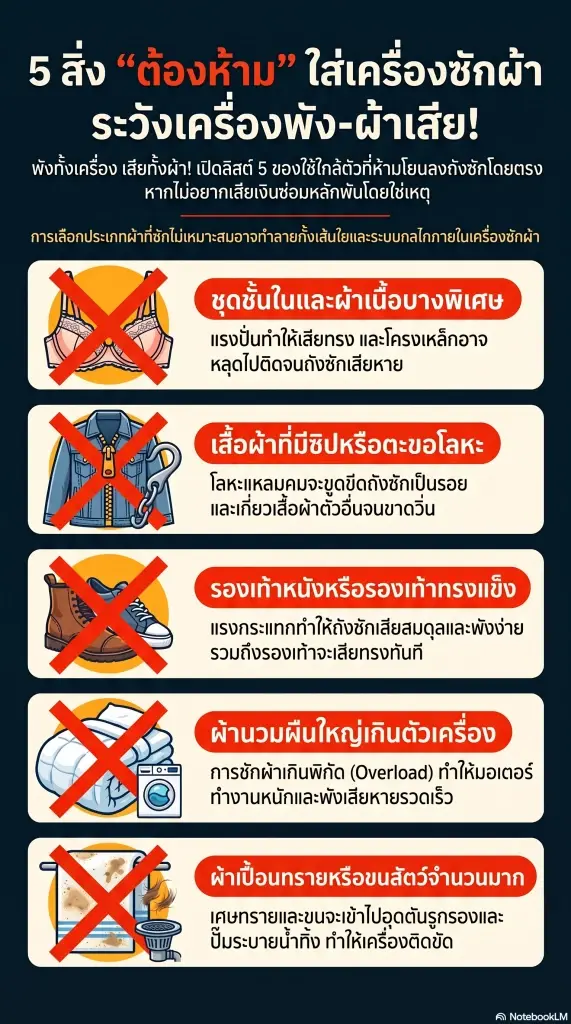 เปิดลิสต์ 5 สิ่งของห้ามใส่ในเครื่องซักผ้า เสี่ยงพังยับเยิน ค่าซ่อมหลักพัน